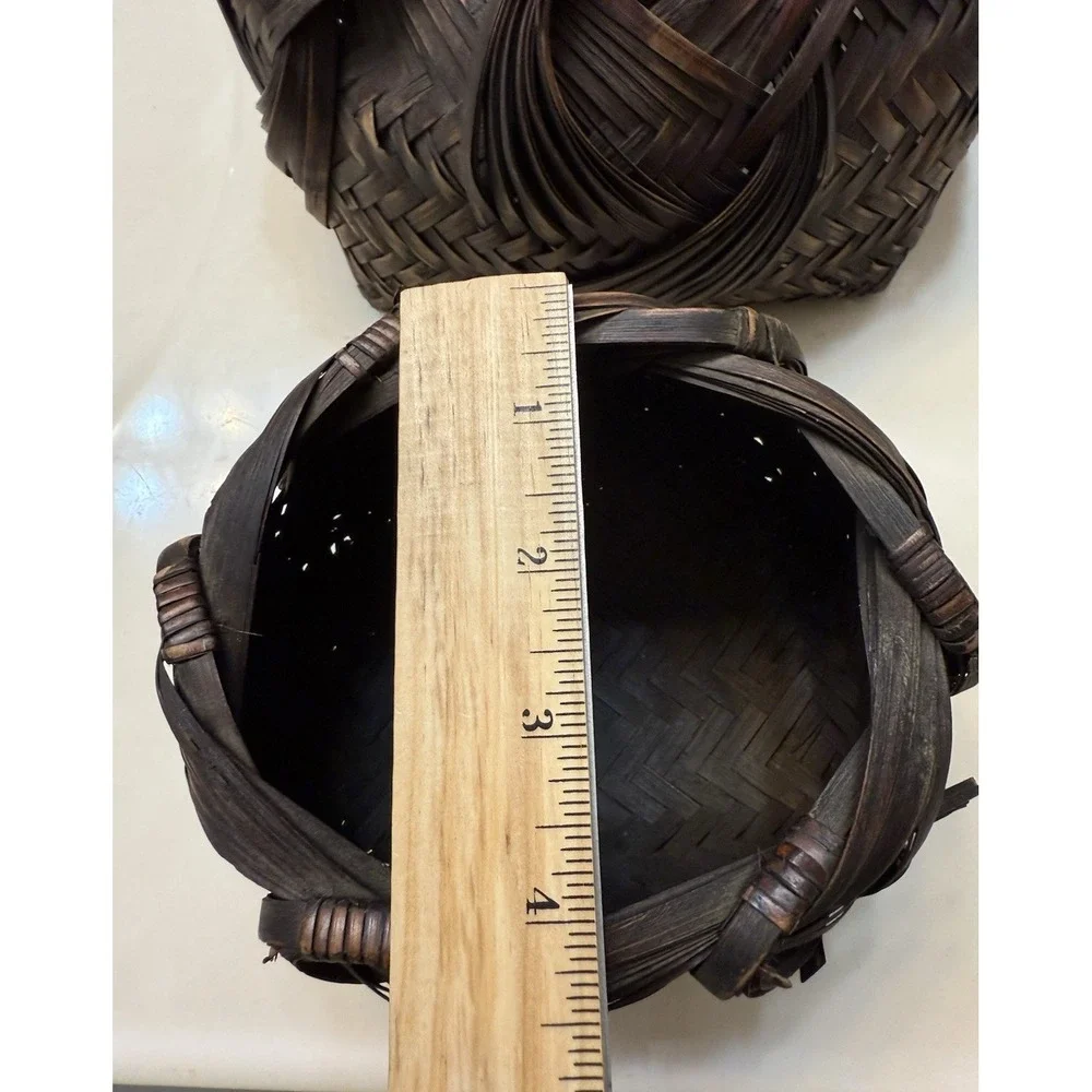 Vintage Japanese Ikebana Woven Bamboo Baskets Hand-Woven Wave Pattern (Set of 2)
